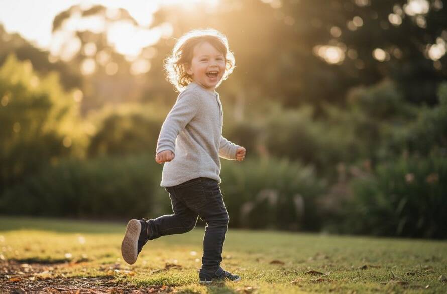 An epic, sun-drenched photograph capturing a child's authentic joy during a Seddon kids photography authentic moments session, running freely in a beautiful park with dramatic backlighting and vibrant colours.