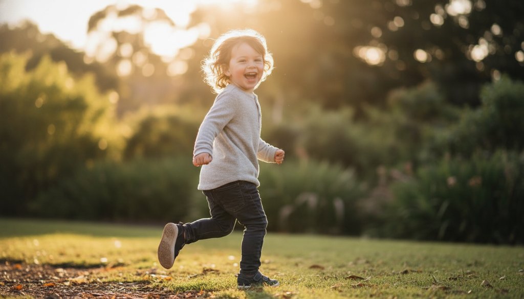 An epic, sun-drenched photograph capturing a child's authentic joy during a Seddon kids photography authentic moments session, running freely in a beautiful park with dramatic backlighting and vibrant colours.