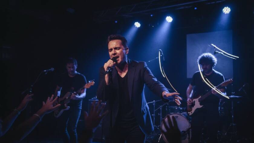 A dynamic wide-angle shot capturing the electric energy of a guitarist mid-solo on stage at a cosy Seddon venue, bathed in dramatic magenta and blue stage lights, illustrating Seddon live music photography tips for emerging artists.