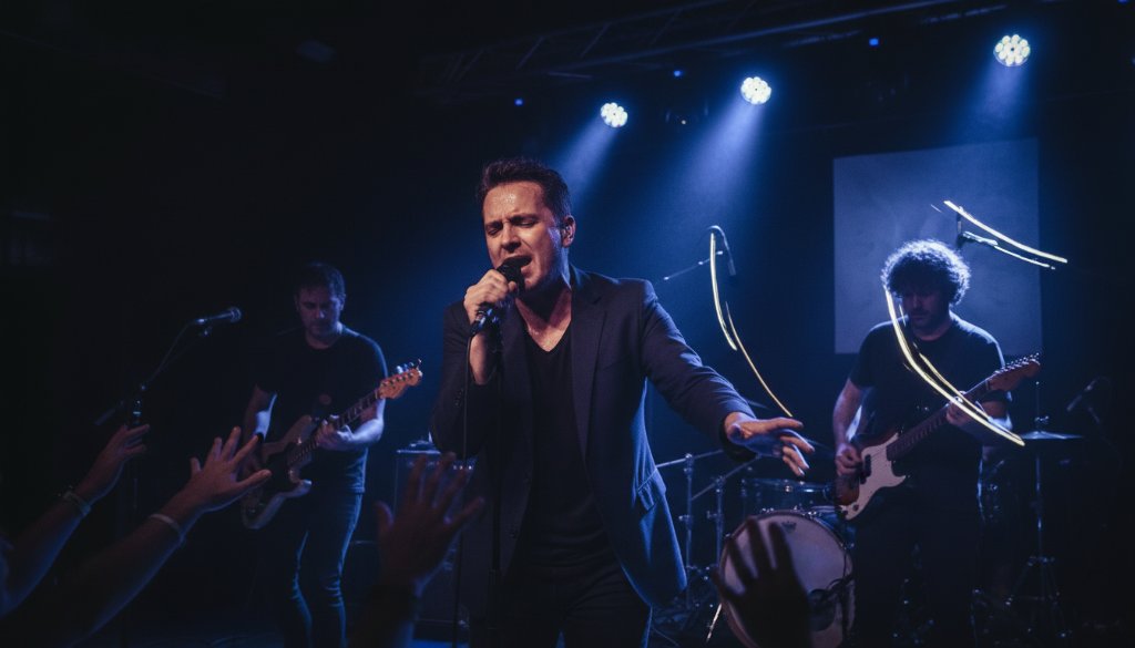 A dynamic wide-angle shot capturing the electric energy of a guitarist mid-solo on stage at a cosy Seddon venue, bathed in dramatic magenta and blue stage lights, illustrating Seddon live music photography tips for emerging artists.