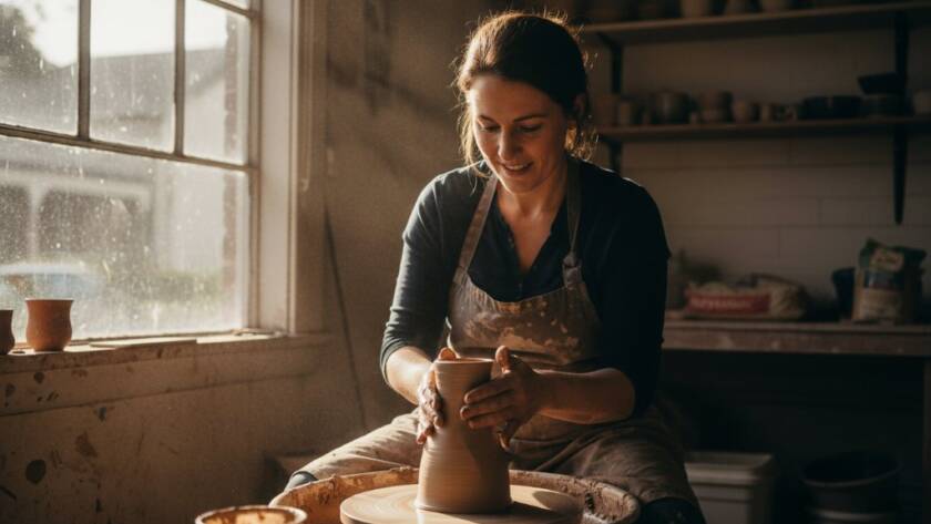 A Seddon local business branding photography shot of a passionate artisan crafting bespoke items in their sunlit Seddon studio, dramatic golden hour light highlighting their focused expression and the intricate details of their work, conveying authenticity and skill.
