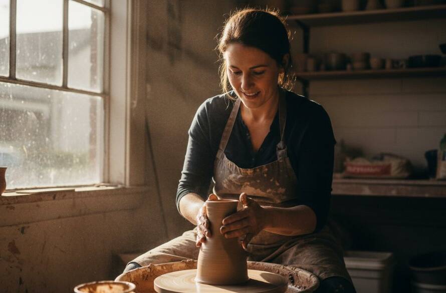 A Seddon local business branding photography shot of a passionate artisan crafting bespoke items in their sunlit Seddon studio, dramatic golden hour light highlighting their focused expression and the intricate details of their work, conveying authenticity and skill.