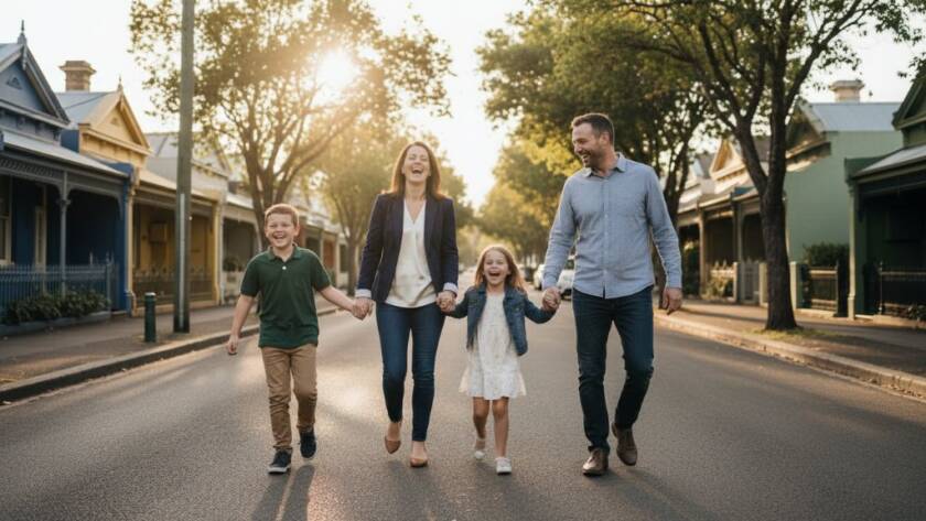 An emotional and cinematic wide shot capturing Seddon Victoria authentic family moments photography, featuring a family laughing joyfully as they walk hand-in-hand through the golden hour light of a charming Seddon street, with vibrant local architecture in the soft background. The light is warm and dramatic, highlighting their connection.