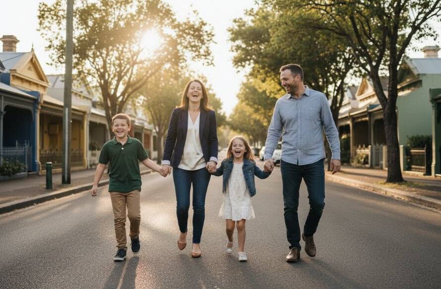 An emotional and cinematic wide shot capturing Seddon Victoria authentic family moments photography, featuring a family laughing joyfully as they walk hand-in-hand through the golden hour light of a charming Seddon street, with vibrant local architecture in the soft background. The light is warm and dramatic, highlighting their connection.