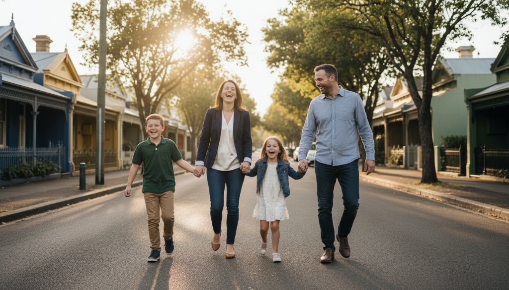 An emotional and cinematic wide shot capturing Seddon Victoria authentic family moments photography, featuring a family laughing joyfully as they walk hand-in-hand through the golden hour light of a charming Seddon street, with vibrant local architecture in the soft background. The light is warm and dramatic, highlighting their connection.