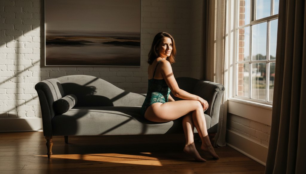 A confident woman in a sensual boudoir photography experience Albion VIC, captured in an epic, dramatic shot with soft window light, celebrating self-love and allure.