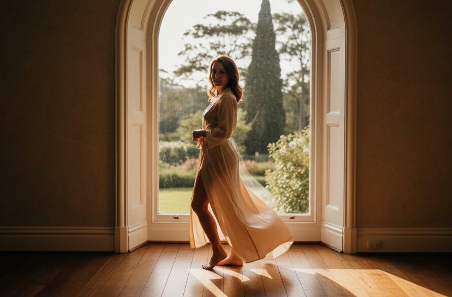 A stunning, soft-focus portrait from a sensual Hepburn Springs boudoir photography experience, capturing a woman's serene and confident expression amidst the luxurious, natural light of a heritage villa, with lush greenery subtly visible through a window, exuding an air of timeless elegance and intimate beauty.