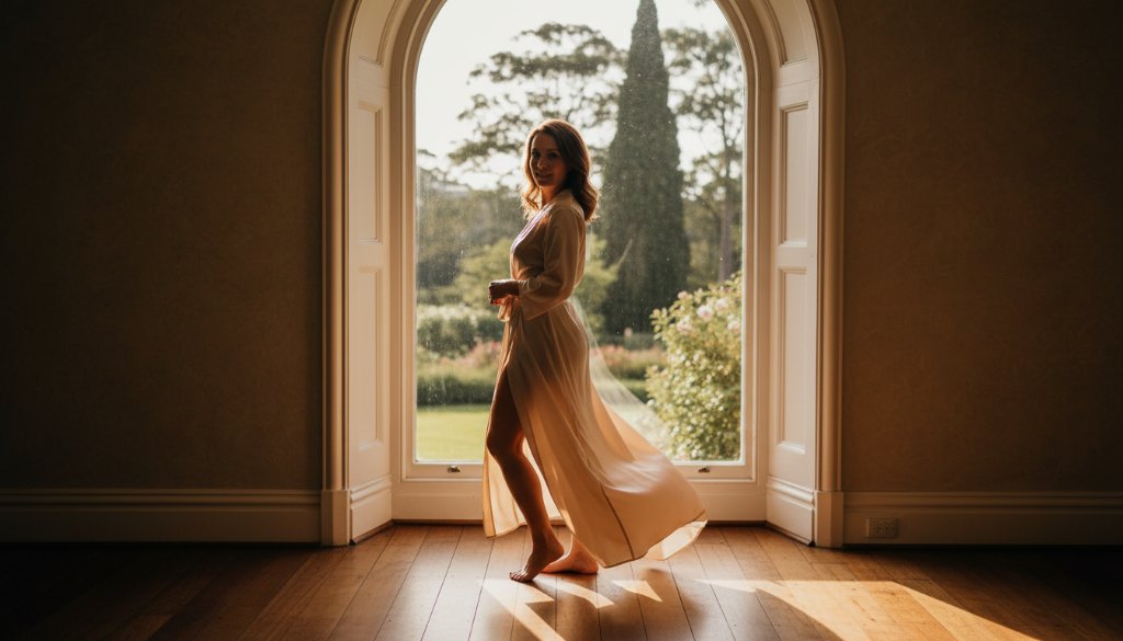 A stunning, soft-focus portrait from a sensual Hepburn Springs boudoir photography experience, capturing a woman's serene and confident expression amidst the luxurious, natural light of a heritage villa, with lush greenery subtly visible through a window, exuding an air of timeless elegance and intimate beauty.