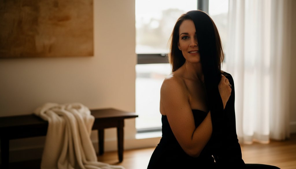 An empowering and sensual Rowville boudoir photography experience captured, featuring a woman elegantly posed in a luxurious, softly lit studio, with dramatic shadows highlighting her silhouette, evoking confidence and grace.