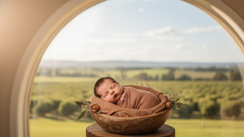 A breathtaking, cinematically lit photograph capturing a serene Bacchus Marsh newborn photography experience, featuring a tiny, peacefully sleeping baby nestled amongst soft, organic textures, with a blurred, sun-drenched pastoral Bacchus Marsh landscape visible through a large window, conveying warmth, innocence, and the beauty of new life, professionally composed and colour graded.