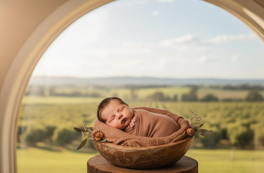 A breathtaking, cinematically lit photograph capturing a serene Bacchus Marsh newborn photography experience, featuring a tiny, peacefully sleeping baby nestled amongst soft, organic textures, with a blurred, sun-drenched pastoral Bacchus Marsh landscape visible through a large window, conveying warmth, innocence, and the beauty of new life, professionally composed and colour graded.