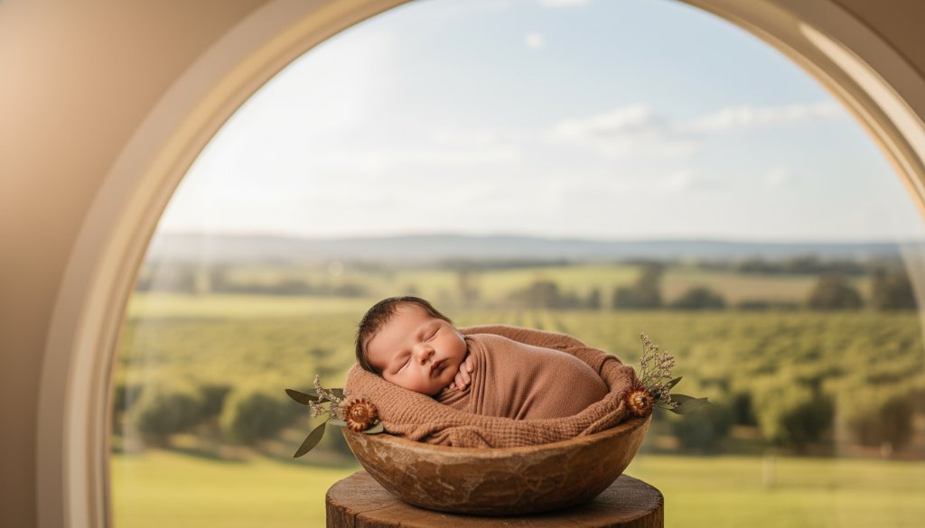 A breathtaking, cinematically lit photograph capturing a serene Bacchus Marsh newborn photography experience, featuring a tiny, peacefully sleeping baby nestled amongst soft, organic textures, with a blurred, sun-drenched pastoral Bacchus Marsh landscape visible through a large window, conveying warmth, innocence, and the beauty of new life, professionally composed and colour graded.