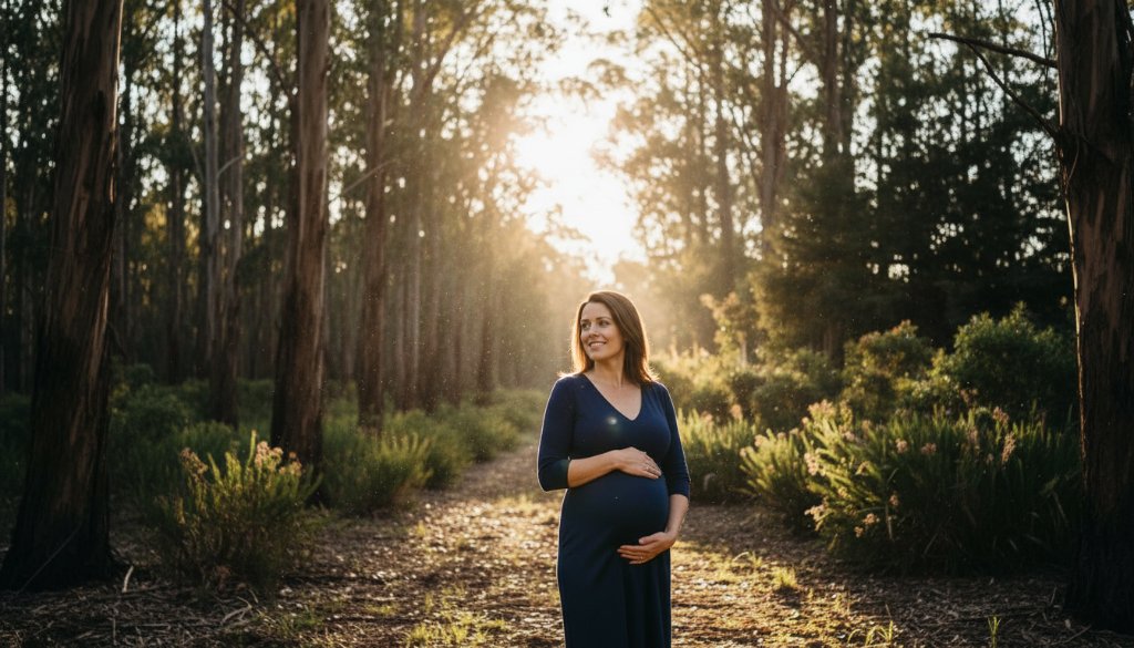 A breathtaking, cinematic photograph showcasing serene Canadian Victoria maternity photography bushland, with an expectant mother silhouetted by the golden hour sun filtering through eucalyptus trees, capturing a moment of profound peace and natural beauty.