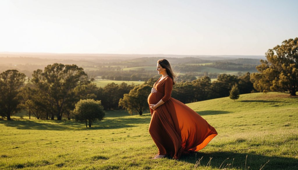 An expectant mother, illuminated by golden hour light amidst the lush Daylesford countryside, captures a serene Daylesford maternity photoshoot Victoria's scenic beauty, showcasing an epic moment of natural elegance and anticipation.