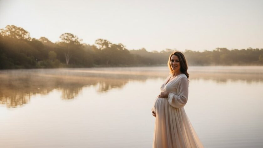 A pregnant woman glowing during a serene Eureka maternity photoshoot Victoria, standing gracefully at dawn near Lake Wendouree, with dramatic golden light filtering through trees, capturing an epic moment of anticipation and natural beauty with professional color grading.