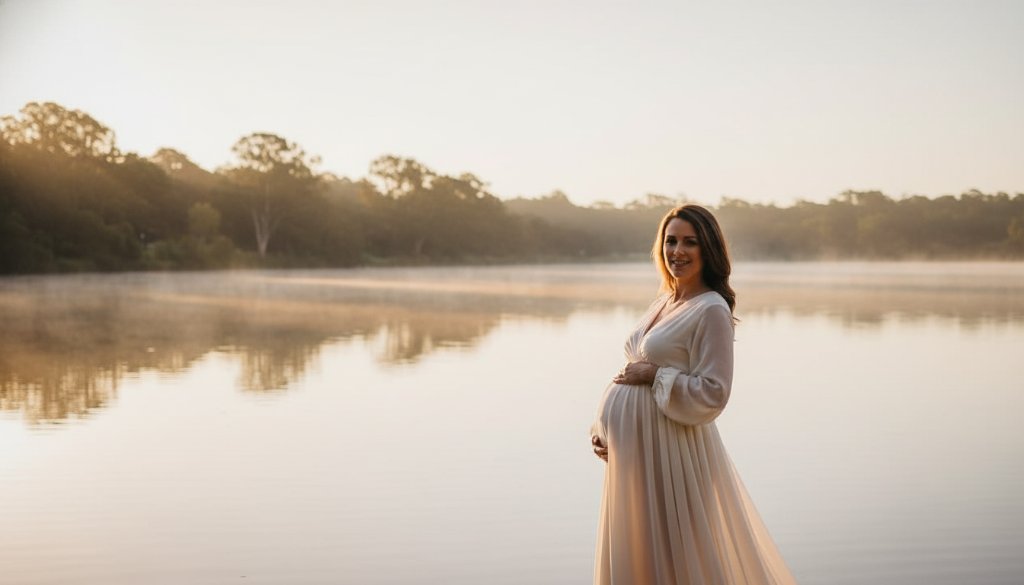 A pregnant woman glowing during a serene Eureka maternity photoshoot Victoria, standing gracefully at dawn near Lake Wendouree, with dramatic golden light filtering through trees, capturing an epic moment of anticipation and natural beauty with professional color grading.