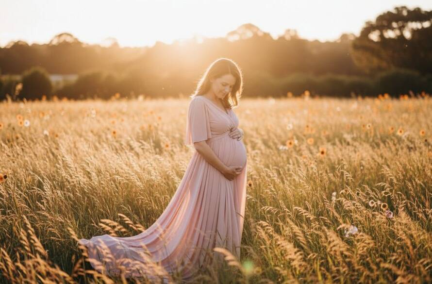 A glowing mother-to-be, silhouetted by the golden hour sun during a serene Gardenvale maternity photoshoot experience, standing gracefully by a vibrant blooming garden, capturing an epic, ethereal moment.