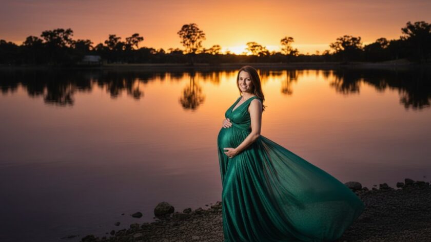A breathtaking, professional photograph capturing a heavily pregnant woman in a flowing gown, silhouetted against a golden sunset over the tranquil Kialla lakeshore, embodying serene Kialla outdoor maternity photography, with dramatic lighting and ethereal mood.