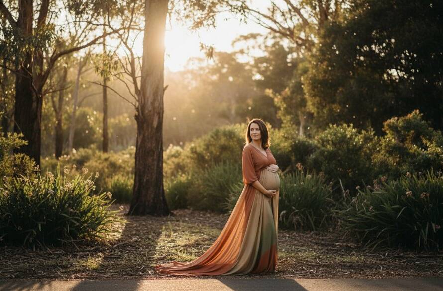 A stunning, professionally lit photograph capturing a serene maternity photography Boronia Victoria moment, featuring a pregnant woman in a flowing gown at sunset amidst lush Australian bushland, with golden light illuminating her profile.