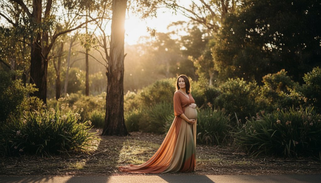 A stunning, professionally lit photograph capturing a serene maternity photography Boronia Victoria moment, featuring a pregnant woman in a flowing gown at sunset amidst lush Australian bushland, with golden light illuminating her profile.