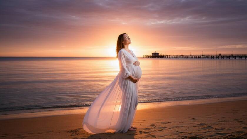 An expectant mother in a flowing gown stands silhouetted against a dramatic sunset at Edithvale Beach, her baby bump gently highlighted by the golden light, epitomizing serene maternity photography Edithvale beach Victoria.