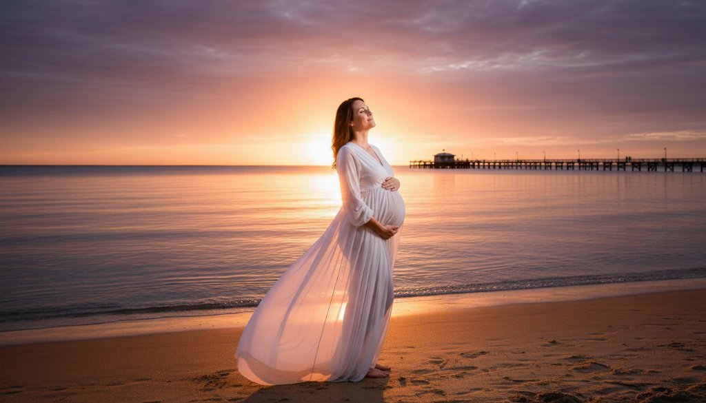 An expectant mother in a flowing gown stands silhouetted against a dramatic sunset at Edithvale Beach, her baby bump gently highlighted by the golden light, epitomizing serene maternity photography Edithvale beach Victoria.