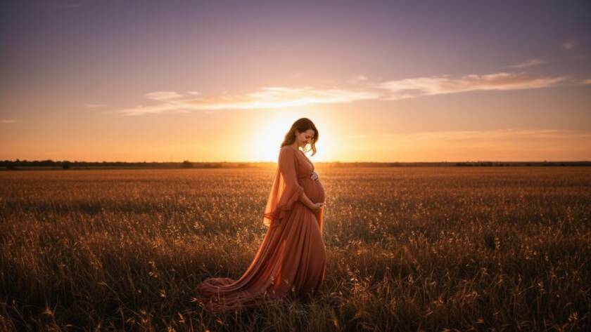 Serene maternity photography Melton West Victoria featuring an expectant mother silhouetted against a golden sunset over the tranquil open fields of Melton West, radiating peace and anticipation, professionally color-graded with dramatic lighting.