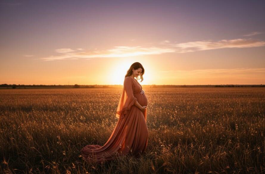 Serene maternity photography Melton West Victoria featuring an expectant mother silhouetted against a golden sunset over the tranquil open fields of Melton West, radiating peace and anticipation, professionally color-graded with dramatic lighting.