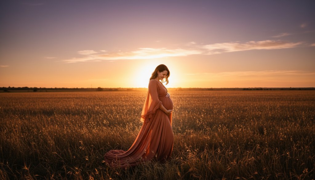 Serene maternity photography Melton West Victoria featuring an expectant mother silhouetted against a golden sunset over the tranquil open fields of Melton West, radiating peace and anticipation, professionally color-graded with dramatic lighting.