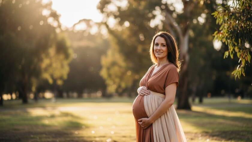 An expectant mother in Noble Park North bathed in golden hour light, celebrating her serene maternity photography session with a gentle hand on her baby bump, professional and emotive.