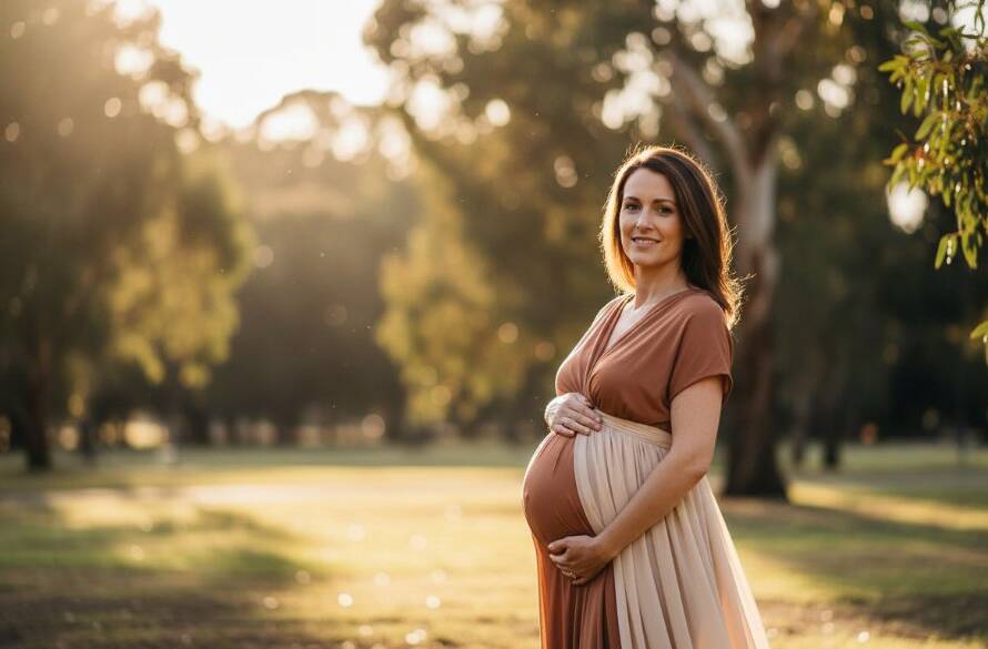 An expectant mother in Noble Park North bathed in golden hour light, celebrating her serene maternity photography session with a gentle hand on her baby bump, professional and emotive.