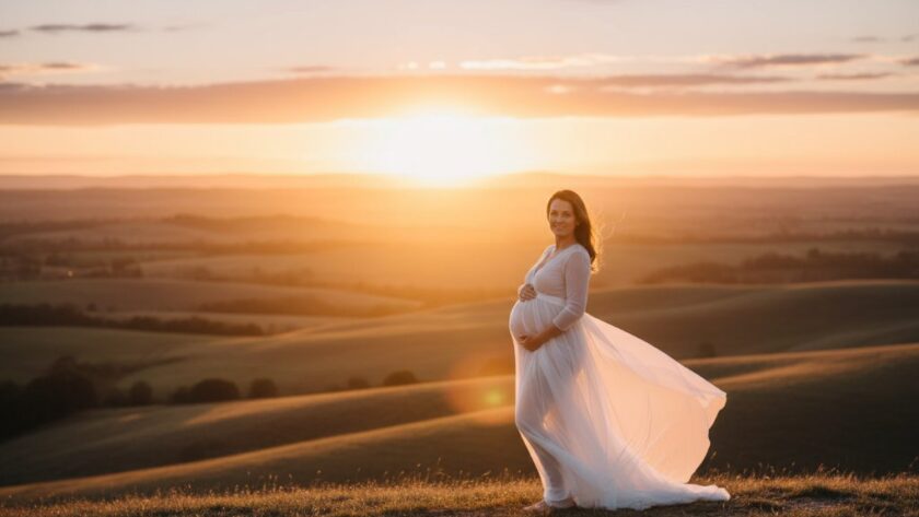 A breathtaking, professional photograph capturing a pregnant woman in a flowing white gown, silhouetted against a dramatic Wallan sunset, embodying serene maternity photography Wallan Victoria, with golden light reflecting on her baby bump.