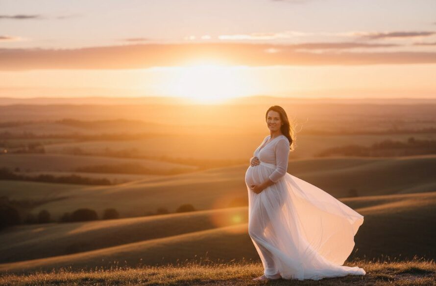 A breathtaking, professional photograph capturing a pregnant woman in a flowing white gown, silhouetted against a dramatic Wallan sunset, embodying serene maternity photography Wallan Victoria, with golden light reflecting on her baby bump.