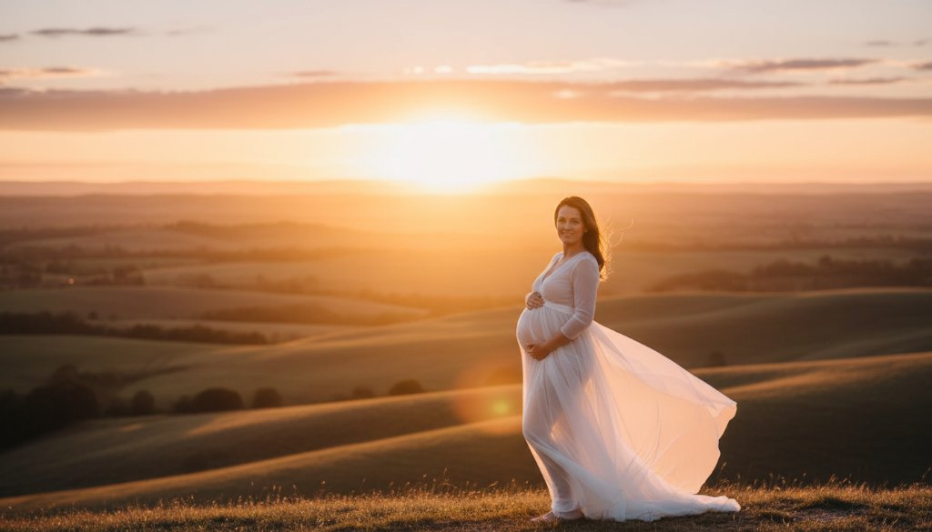 A breathtaking, professional photograph capturing a pregnant woman in a flowing white gown, silhouetted against a dramatic Wallan sunset, embodying serene maternity photography Wallan Victoria, with golden light reflecting on her baby bump.