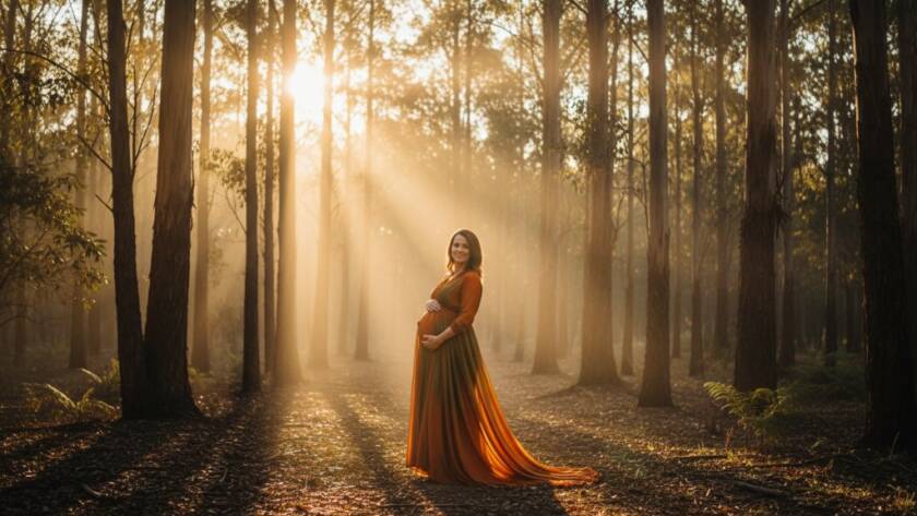 An expectant mother, silhouetted by the golden hour sun filtering through eucalyptus trees in the Dandenong Ranges, creating serene maternity photos The Basin Dandenong Ranges, capturing an epic, intimate moment with dramatic professional lighting.