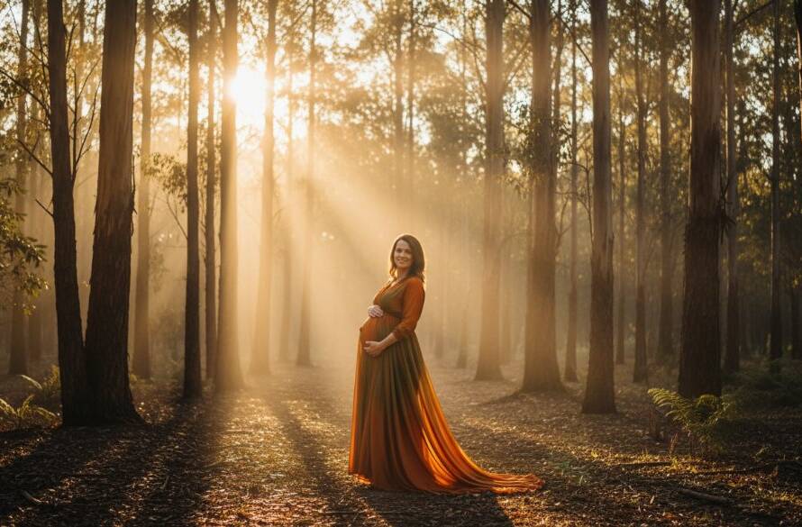 An expectant mother, silhouetted by the golden hour sun filtering through eucalyptus trees in the Dandenong Ranges, creating serene maternity photos The Basin Dandenong Ranges, capturing an epic, intimate moment with dramatic professional lighting.