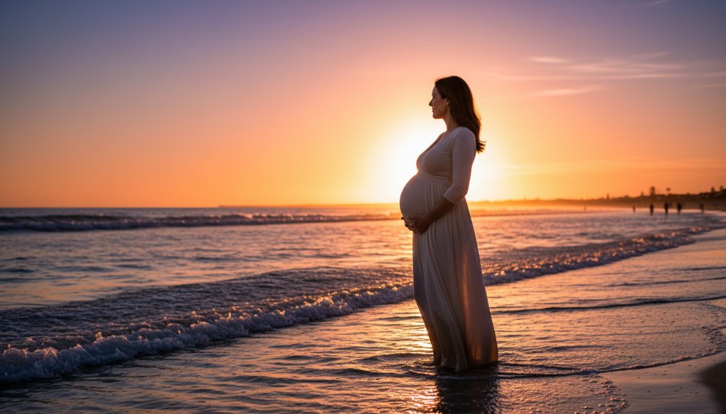 A pregnant woman, beautifully silhouetted against a golden hour sunset over Chelsea Beach, embodying the serenity of serene maternity photoshoots Chelsea Beach Victoria, with soft waves lapping the shore.