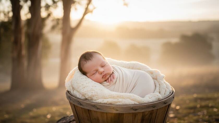 A breathtaking, professional photograph capturing a serene newborn photoshoot Eynesbury Victoria. The baby is swaddled in soft, natural fabrics, peacefully asleep in a basket, bathed in golden hour light filtering through tall gum trees, creating a warm and ethereal glow.