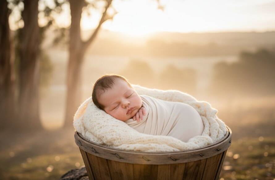 A breathtaking, professional photograph capturing a serene newborn photoshoot Eynesbury Victoria. The baby is swaddled in soft, natural fabrics, peacefully asleep in a basket, bathed in golden hour light filtering through tall gum trees, creating a warm and ethereal glow.