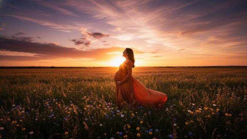 A glowing pregnant woman, bathed in the golden hour light, stands gracefully in a field of wildflowers in Skye, Victoria, her silhouette highlighted against a dramatic sunset sky, embodying serene outdoor maternity photography Skye Victoria. This epic moment captures pure joy and anticipation.