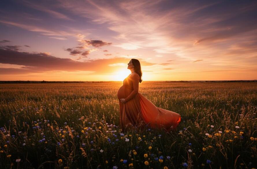 A glowing pregnant woman, bathed in the golden hour light, stands gracefully in a field of wildflowers in Skye, Victoria, her silhouette highlighted against a dramatic sunset sky, embodying serene outdoor maternity photography Skye Victoria. This epic moment captures pure joy and anticipation.