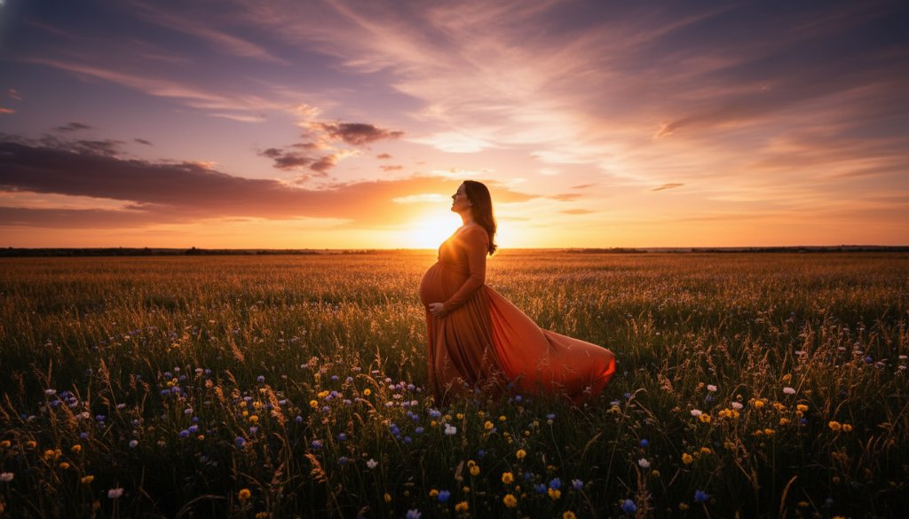 A glowing pregnant woman, bathed in the golden hour light, stands gracefully in a field of wildflowers in Skye, Victoria, her silhouette highlighted against a dramatic sunset sky, embodying serene outdoor maternity photography Skye Victoria. This epic moment captures pure joy and anticipation.