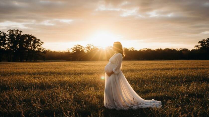 A breathtaking 'epic moment' photograph of a pregnant woman glowing during a serene outdoor maternity photoshoot Croydon North natural light, with soft golden hour sun rays filtering through native Australian trees in a peaceful park setting, showcasing her silhouette against the beautiful landscape.