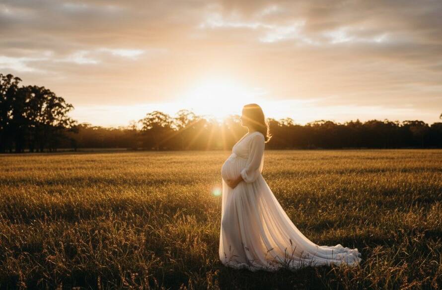A breathtaking 'epic moment' photograph of a pregnant woman glowing during a serene outdoor maternity photoshoot Croydon North natural light, with soft golden hour sun rays filtering through native Australian trees in a peaceful park setting, showcasing her silhouette against the beautiful landscape.