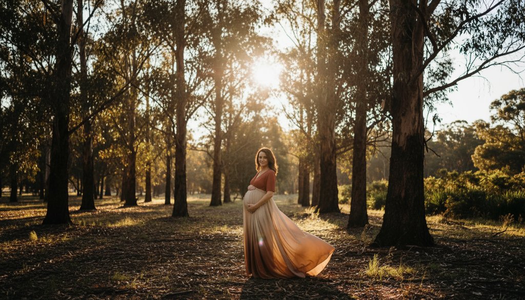 A glowing expectant mother embracing her bump during a serene Park Orchards maternity photoshoot, bathed in golden hour light amidst a peaceful bushland setting, captured with professional depth and warmth.