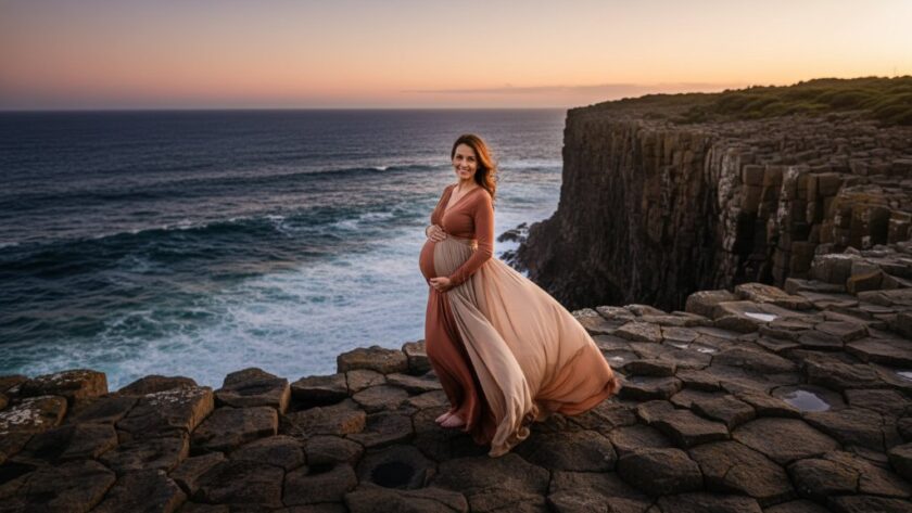 A pregnant woman, in a flowing dress, stands silhouetted against a dramatic sunset over the rugged cliffs of Cape Nelson, embodying a serene Portland Victoria maternity photography experience, with golden light illuminating her profile and the vast ocean stretching behind her.