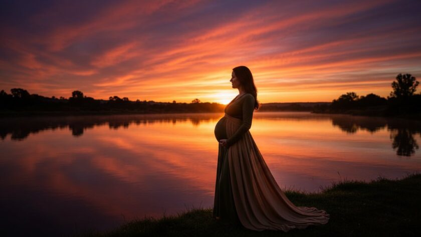A pregnant woman in a flowing gown stands by the Goulburn River in Seymour, Victoria, at sunset, bathed in golden light, symbolizing serene riverside maternity photos Seymour Victoria, her hands cradling her belly with a look of peaceful anticipation.
