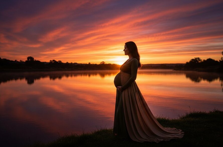 A pregnant woman in a flowing gown stands by the Goulburn River in Seymour, Victoria, at sunset, bathed in golden light, symbolizing serene riverside maternity photos Seymour Victoria, her hands cradling her belly with a look of peaceful anticipation.
