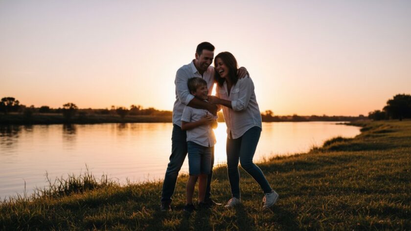 A joyous family laughing genuinely during a Seymour candid photography session, silhouetted by the warm glow of a sunset over the Goulburn River, capturing an epic unposed moment of connection.