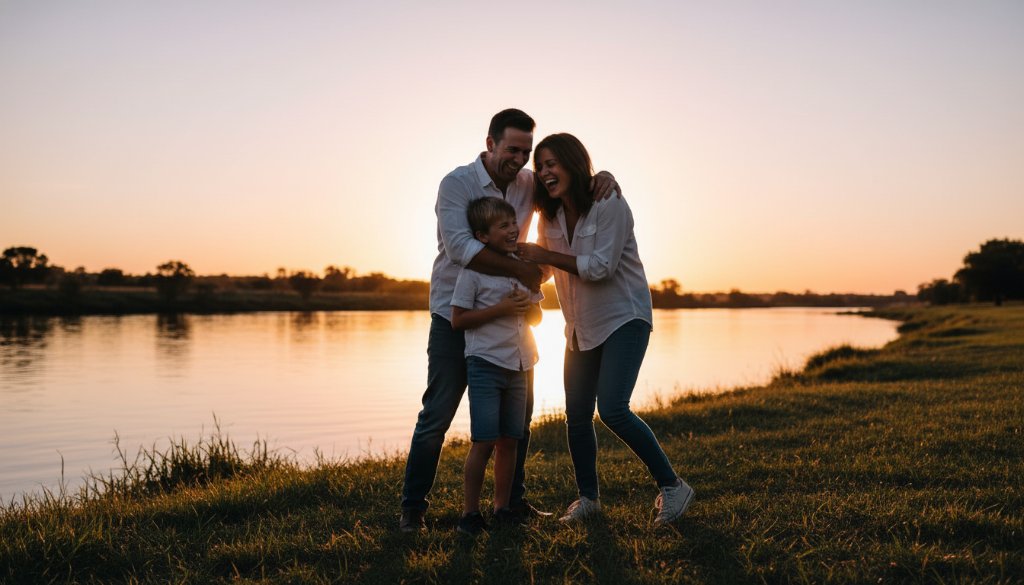 A joyous family laughing genuinely during a Seymour candid photography session, silhouetted by the warm glow of a sunset over the Goulburn River, capturing an epic unposed moment of connection.